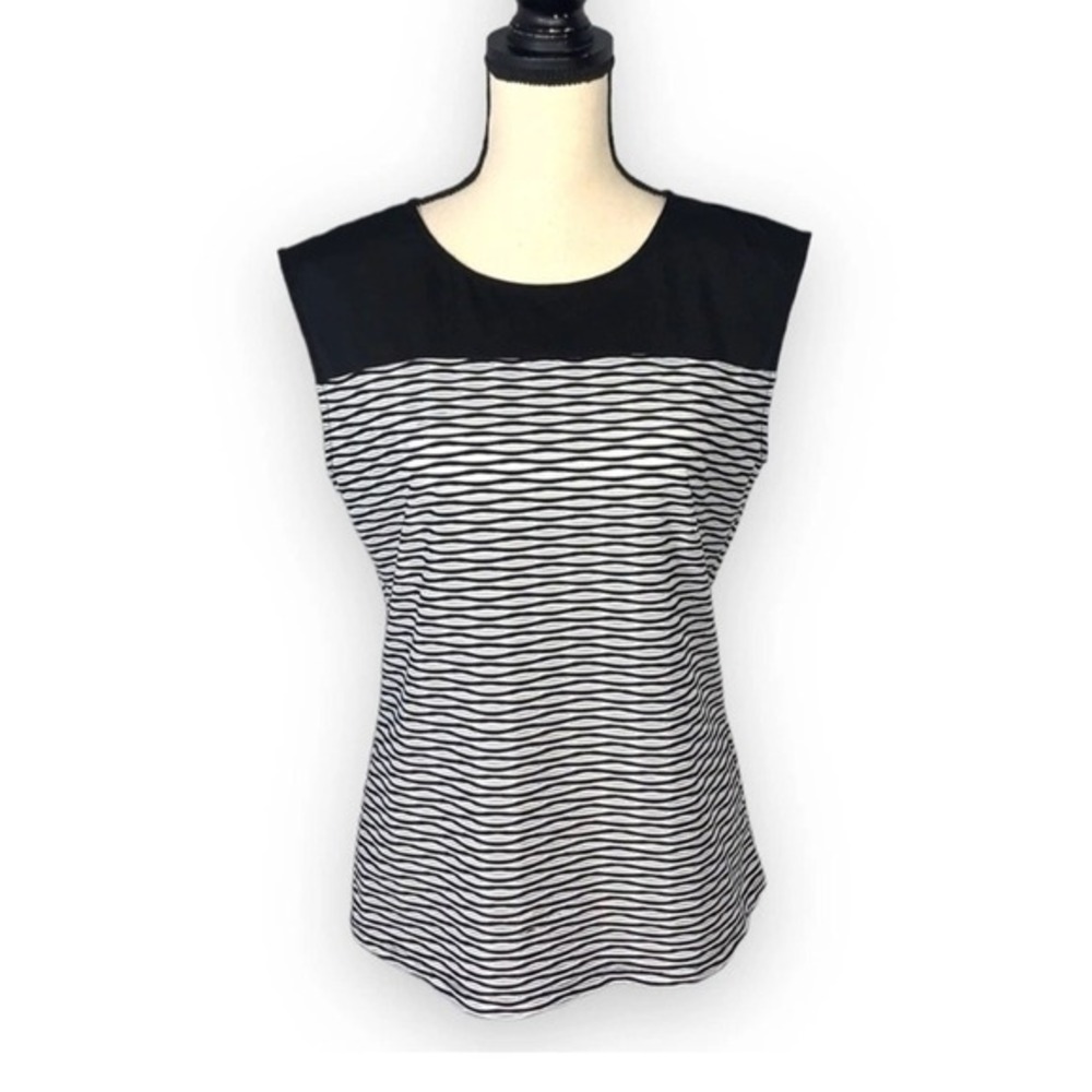 Calvin Klein. Cap sleeve  tunic top. 2XL. Black/White/Grey stripes. - Picture 2 of 9